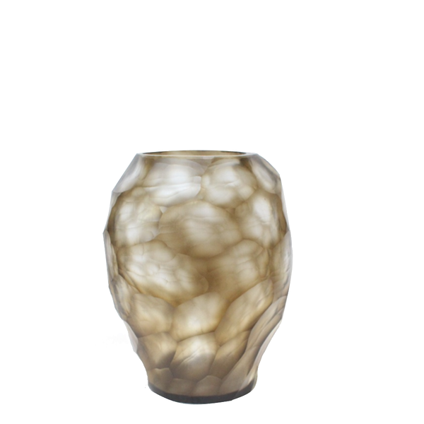 Sunhive Vase 27cm in warm smoky taupe frosted glass, with generous organic cells that give the surface a soft, natural texture reminiscent of tortoiseshell or river stone.
