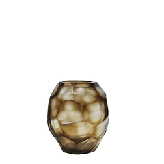 Sunhive Vase 16cm in warm smoky taupe frosted glass, its compact form wrapped in angular faceted cells that catch and hold the light with a quiet, burnished warmth.