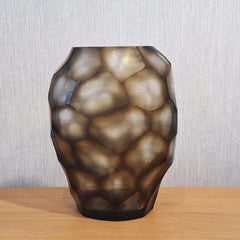 Sunhive Vase 27cm in warm smoky taupe frosted glass, with generous organic cells that give the surface a soft, natural texture reminiscent of tortoiseshell or river stone.