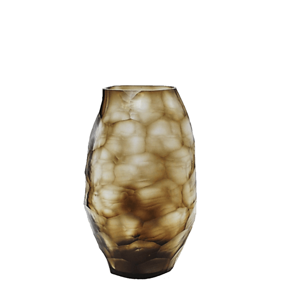 Sunhive Vase 33cm in warm smoky taupe frosted glass, its surface covered in large rounded organic cells that ripple upward like honeycomb lit from within.