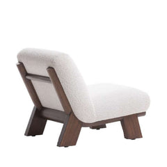 An armless lounge chair with a dark wood base and off-white fabric upholstery.