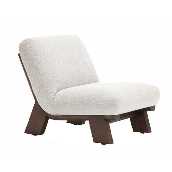 An armless lounge chair with a dark wood base and off-white fabric upholstery.