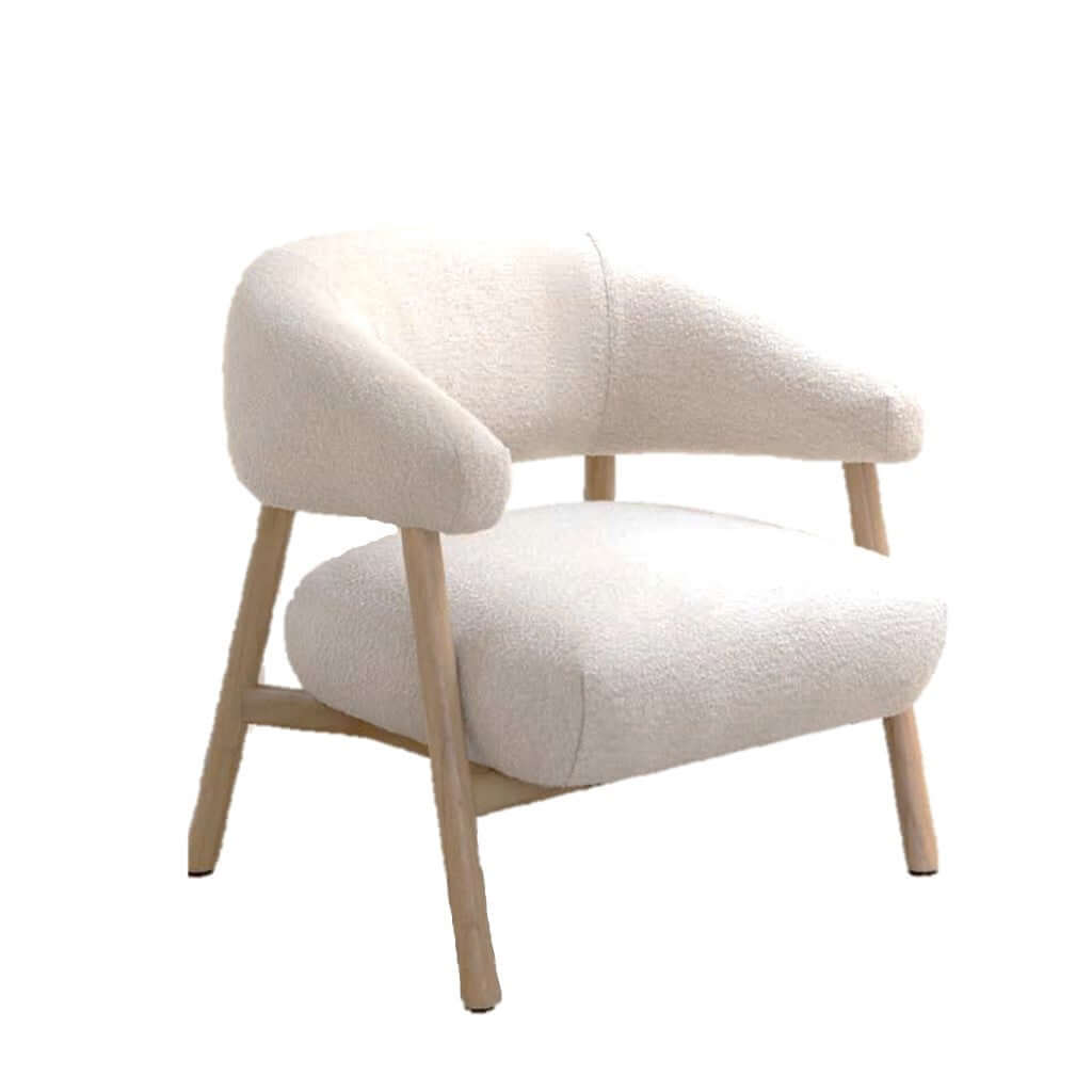 A lounge chair with a light wood base and off-white fabric upholstery.