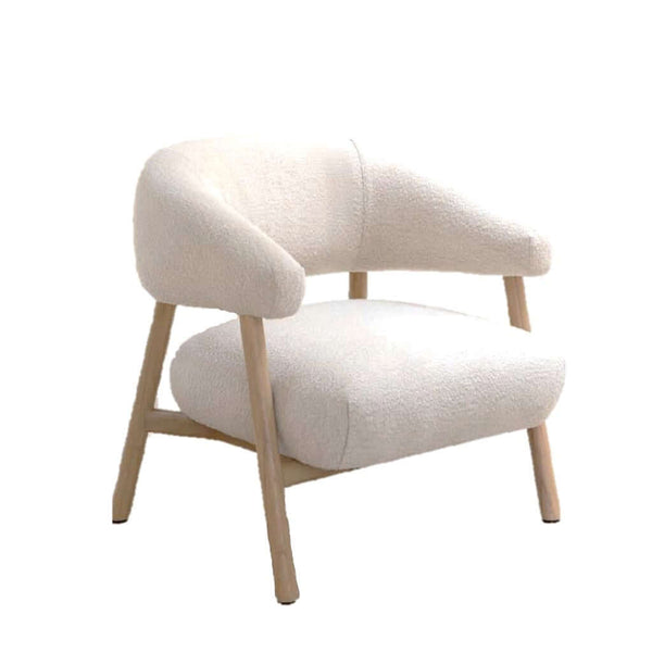 A lounge chair with a light wood base and off-white fabric upholstery.