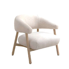 A lounge chair with a light wood base and off-white fabric upholstery.