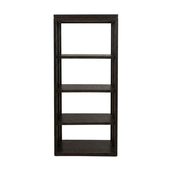 A solid timber display Tipis Tall Bookshelf with four open sections, stained in charcoal color.