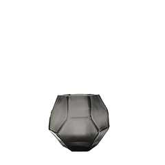Tundra Tealight Holder 9cm in cool silver-grey frosted glass, its geometric facets casting a soft, fractured glow when lit from within.