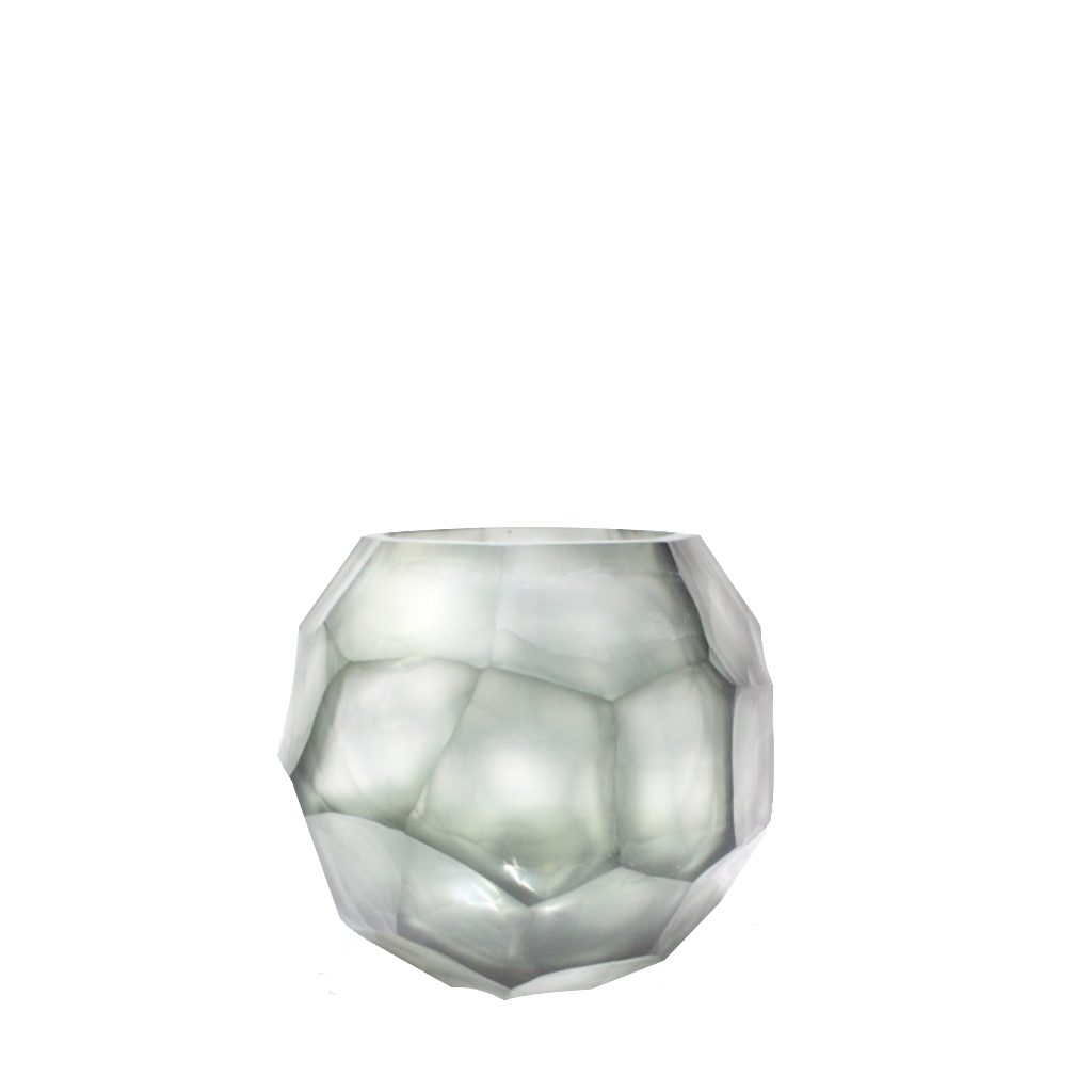 Tundra Vase 18cm in cool silver-grey frosted glass, with bold geometric facets that give it the dense, grounded presence of a glacial boulder.