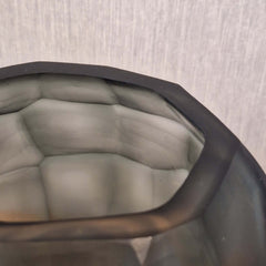 Tundra Vase 18cm in cool silver-grey frosted glass, with bold geometric facets that give it the dense, grounded presence of a glacial boulder.