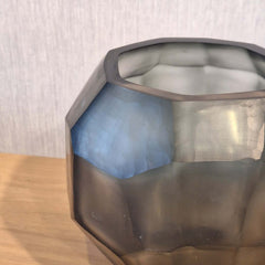 Tundra Vase 18cm in cool silver-grey frosted glass, with bold geometric facets that give it the dense, grounded presence of a glacial boulder.