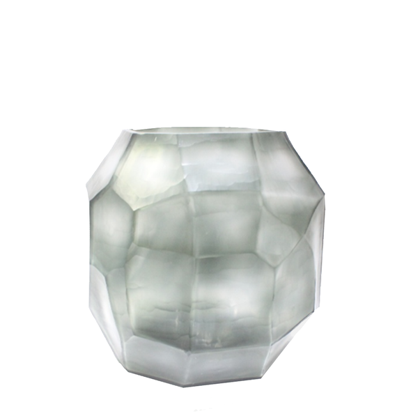 Tundra Vase 32cm in cool silver-grey frosted glass, its generous rounded form covered in large angular facets that catch light from every direction.