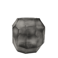 Tundra Vase 32cm in cool silver-grey frosted glass, its generous rounded form covered in large angular facets that catch light from every direction.