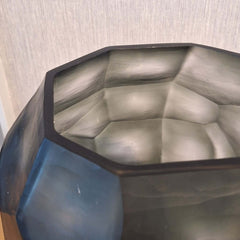 Tundra Vase 32cm in cool silver-grey frosted glass, its generous rounded form covered in large angular facets that catch light from every direction.