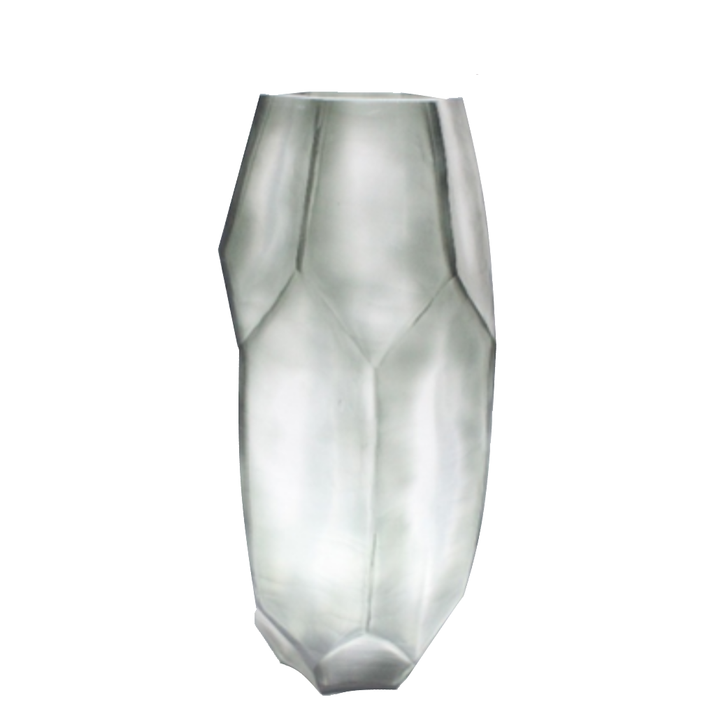 Tundra Vase 41cm in cool silver-grey frosted glass, with sharp geometric facets running its full height — sculptural and commanding as a statement piece.