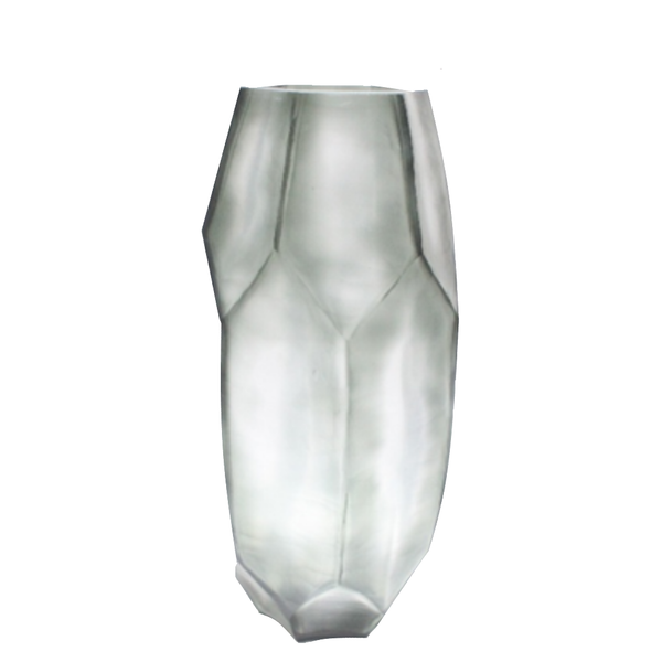 Tundra Vase 41cm in cool silver-grey frosted glass, with sharp geometric facets running its full height — sculptural and commanding as a statement piece.