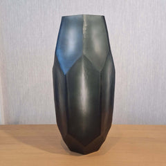 Tundra Vase 41cm in cool silver-grey frosted glass, with sharp geometric facets running its full height — sculptural and commanding as a statement piece.