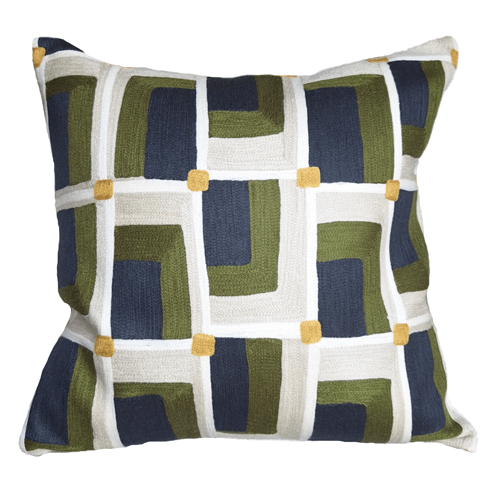 Verec Embroidered Cushion 45x45cm with geometric pattern in green, navy, and yellow tones, ideal for home decor.