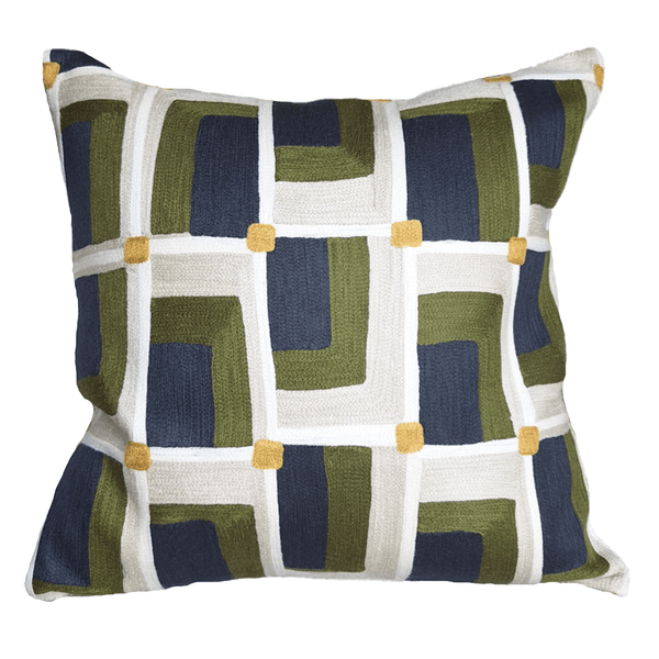 Verec Embroidered Cushion 45x45cm with geometric pattern in green, navy, and yellow tones, ideal for home decor.