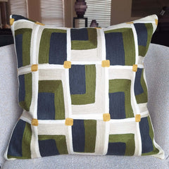 Verec Embroidered Cushion 45x45cm with artistic green and navy geometric pattern.