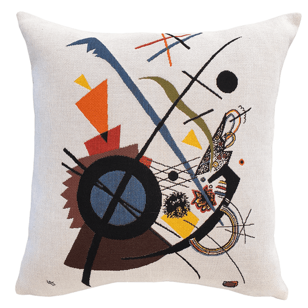 Kandinsky Cushion - Violett (1923) with a geometric pattern featuring lines, circles, and triangles in a colorful composition on a white background, inspired by Kandinsky painting.