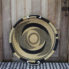 Baba Tree Wall Hanging Double Weave 00001 with black and beige pattern on a wooden surface