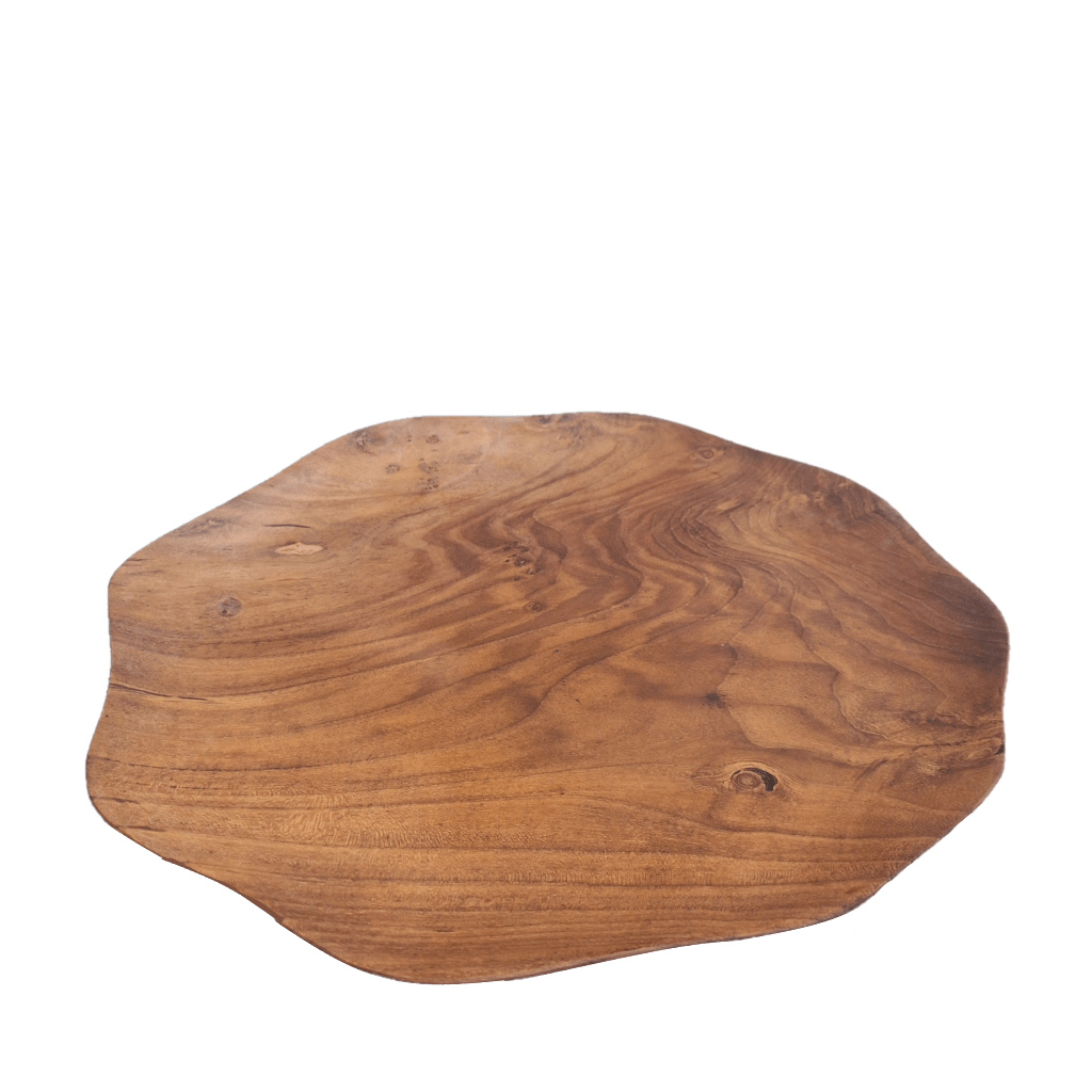 Handcrafted Wavy Plate Large Teak with a free-form edge and striking natural grain. A versatile piece for table styling, serving, or display in any interior.