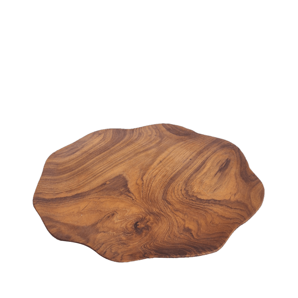 Handcrafted Wavy Plate Small Teak with a free-form edge and striking natural grain. A versatile piece for table styling, serving, or display in any interior.