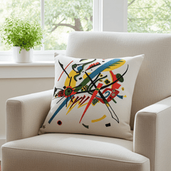 Kandinsky Cushion - Klein Welten I (1922) featuring a vibrant abstract design with multiple colors on a white background, inspired by Kandinsky painting