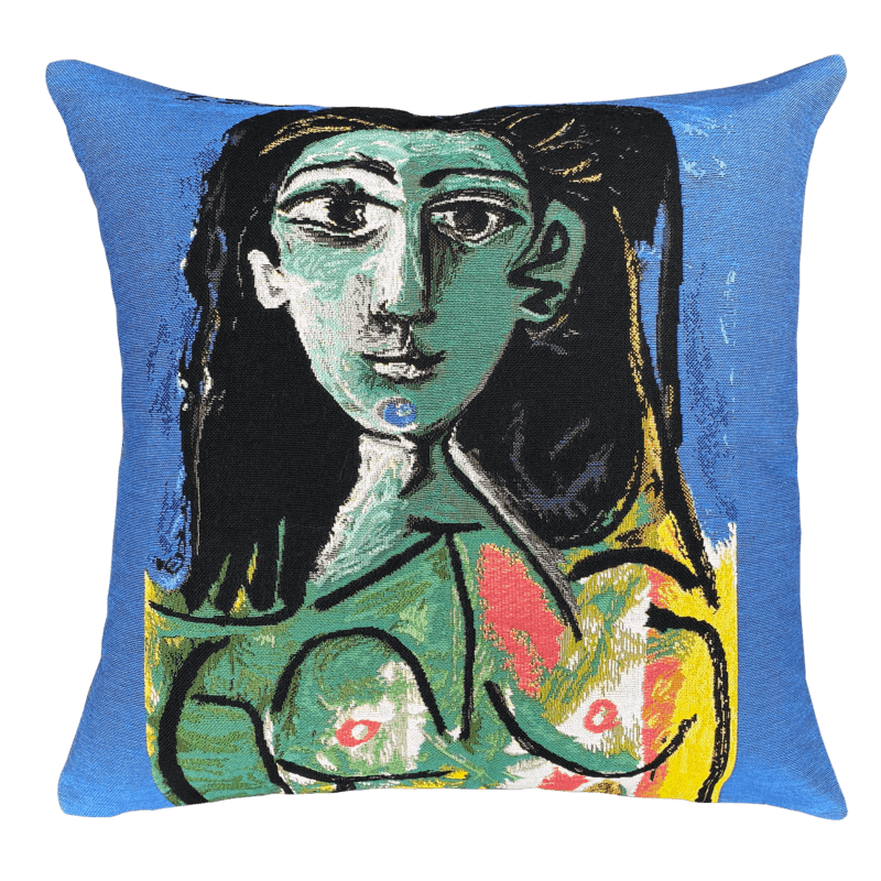 Picasso Cushion - Buste de Femme Jacqueline (1963) featuring a colorful depiction of a female figure's face and body in an abstract style.