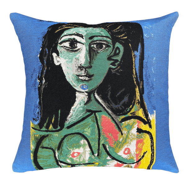 Picasso Cushion - Buste de Femme Jacqueline (1963) featuring a colorful depiction of a female figure's face and body in an abstract style.
