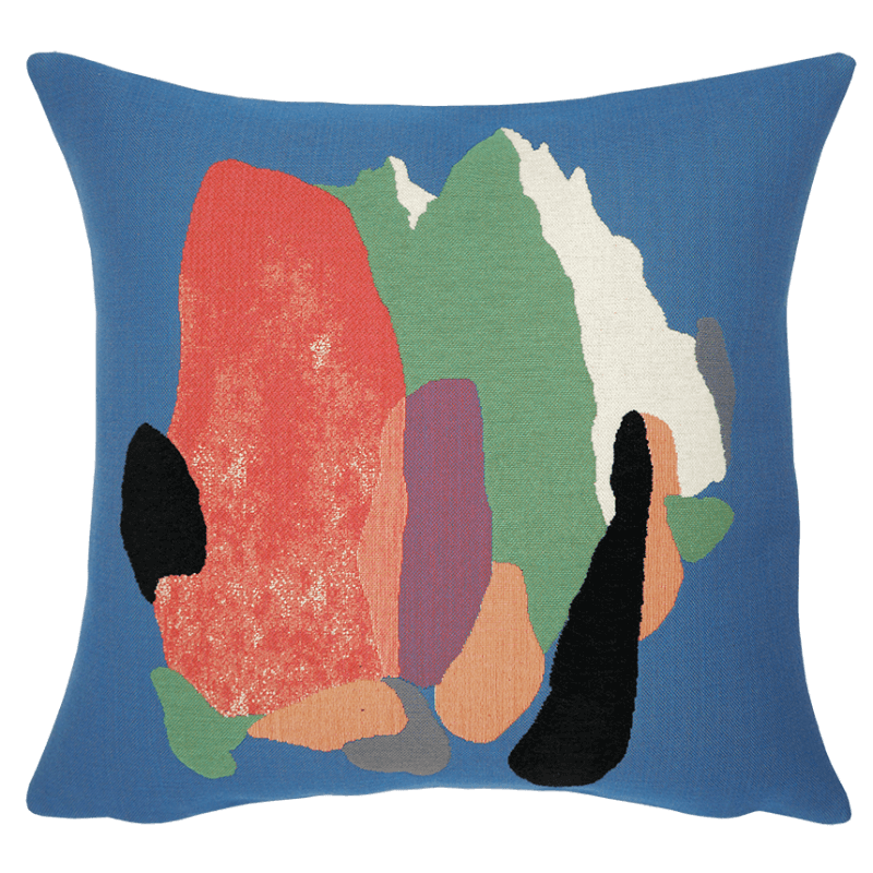Florent Groc Cushion - Col d'Arsine with abstract multicolored shapes on a blue background, artwork by artist Florent Groc