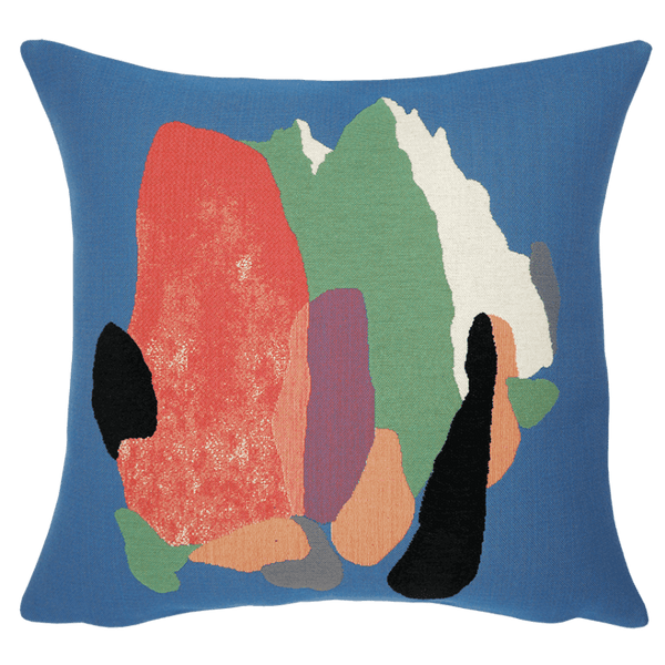 Florent Groc Cushion - Col d'Arsine with abstract multicolored shapes on a blue background, artwork by artist Florent Groc