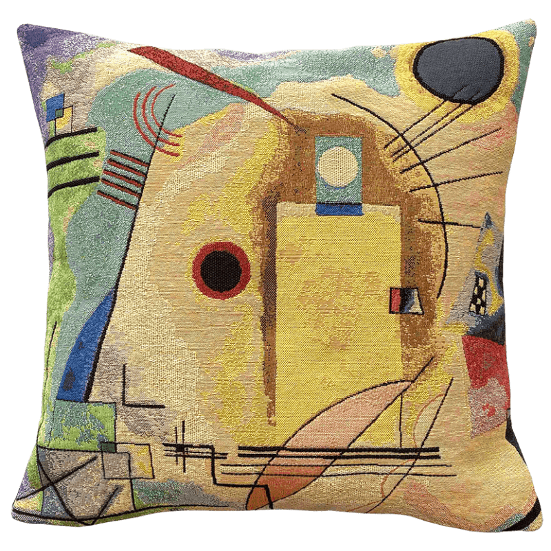 Kandinsky Cushion - Jaune Rouge Bleu Extrait 2 (1925) with an abstract geometric pattern in yellow, red, and blue, with a visible textile weave, inspired by Kandinsky painting