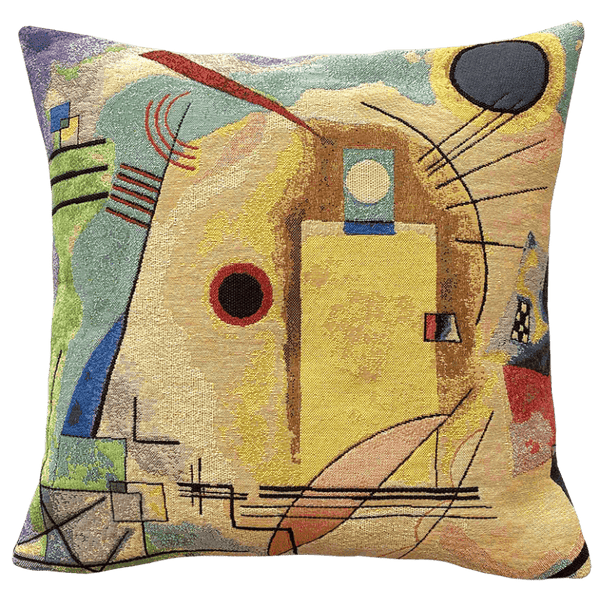 Kandinsky Cushion - Jaune Rouge Bleu Extrait 2 (1925) with an abstract geometric pattern in yellow, red, and blue, with a visible textile weave, inspired by Kandinsky painting