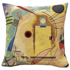 Kandinsky Cushion - Jaune Rouge Bleu Extrait 2 (1925) with an abstract geometric pattern in yellow, red, and blue, with a visible textile weave, inspired by Kandinsky painting