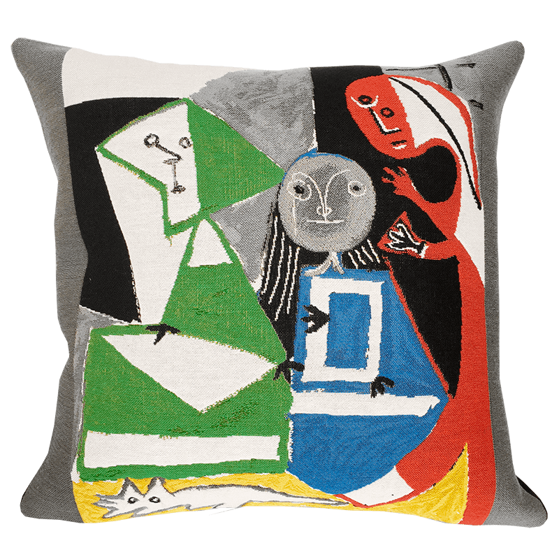 Picasso Cushion - Las Meninas No 43 (1957) with an abstract art design featuring multiple colors including green, blue, red, and white, based on a Picasso painting.