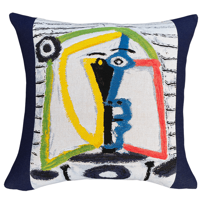 Picasso Cushion - Las Meninas No 9 (1957) with a geometric pattern featuring abstract elements in multiple colors on a white background with a black border, inspired by Picasso artwork