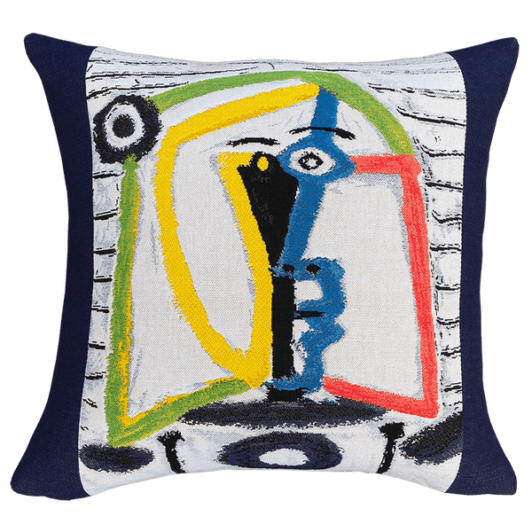 Picasso Cushion - Las Meninas No 9 (1957) with a geometric pattern featuring abstract elements in multiple colors on a white background with a black border, inspired by Picasso artwork