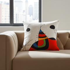  Miro Cushion - Femme Oiseau Etoile Extrait 2 (1966/1973) with abstract design by artist Miro, featuring colorful shape