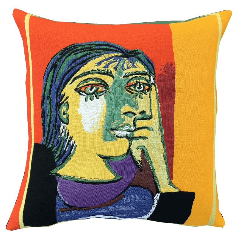 Picasso Cushion - Portrait de Dora Maar (1937) featuring a colorful abstract portrait of a woman's face with Picasso's signature style.