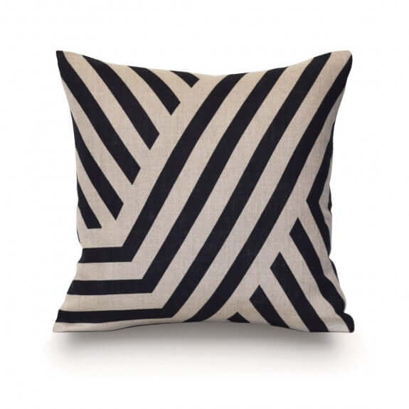 Stockton Cushion 37x37cm with a geometric pattern, featuring a black and white color scheme, made of natural linen with a cotton inner cover.
