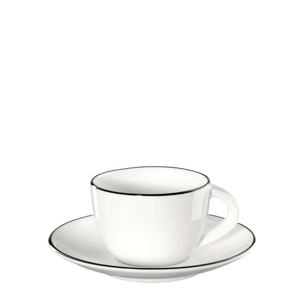 A white fine bone china espresso cup with a hand-painted black line, presented on a matching saucer, by ASA selection