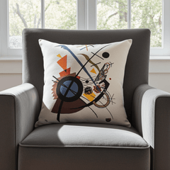 Kandinsky Cushion - Violett (1923) with a geometric pattern featuring lines, circles, and triangles in a colorful composition on a white background, inspired by Kandinsky painting.