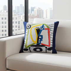 Picasso Cushion - Las Meninas No 9 (1957) with a geometric pattern featuring abstract elements in multiple colors on a white background with a black border, inspired by Picasso artwork