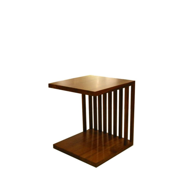 A rectangular side table made of solid walnut wood with a natural finish, featuring a slim profile and a flat, rectangular top.