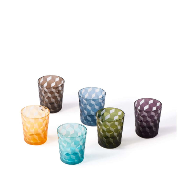 A set of six multicolored glass tumblers with a geometric block-like pattern, by Pols Potten