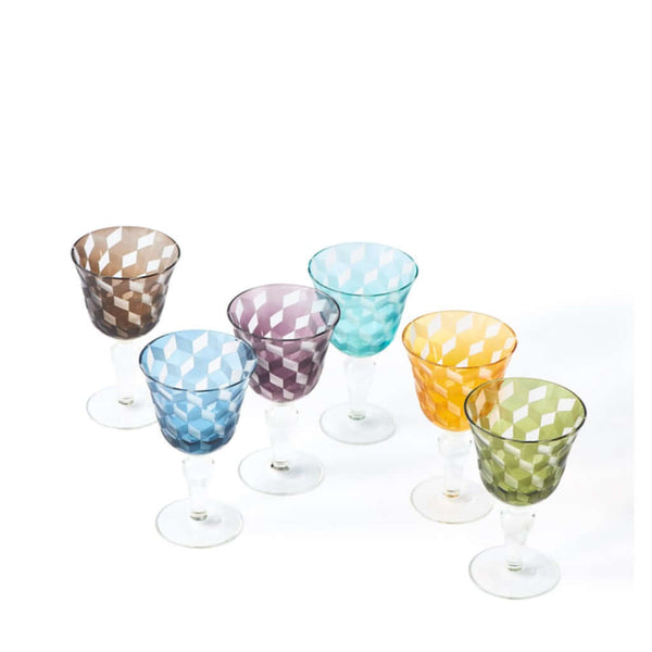 A set of six multicolored wine glasses with a geometric block-like pattern, by Pols Potten