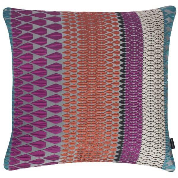 Calypso Square Cushion with a geometric pattern featuring stripes in orange, purple, beige and blue colors.