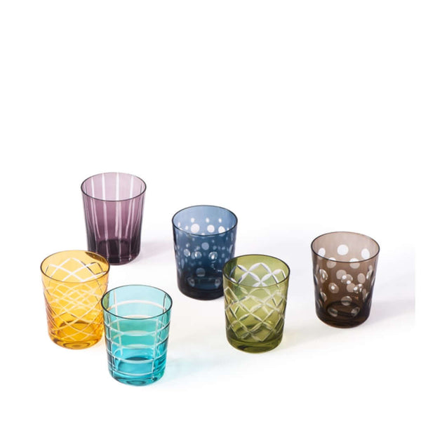 A set of six multicolored glass tumblers with unique cutting patterns, by Pols Potten