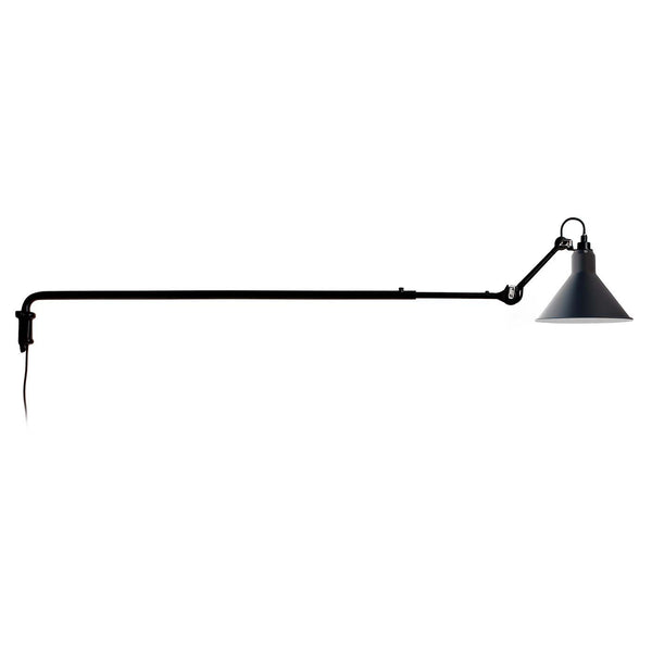 Lampe Gras 213 Wall Lamp Black with a long arm and a hanging bulb.